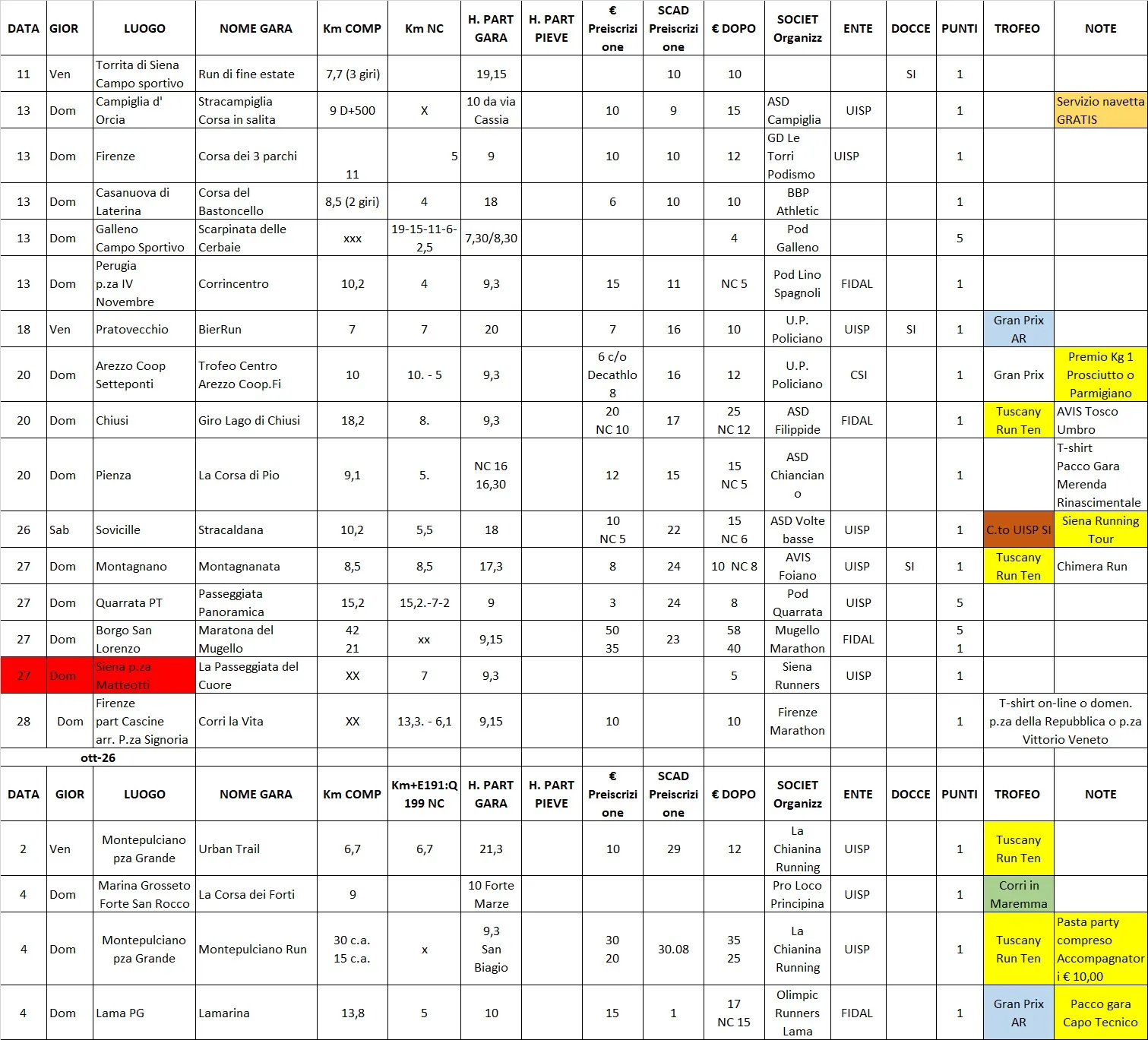 Calendario Settembre Ottobre 2026